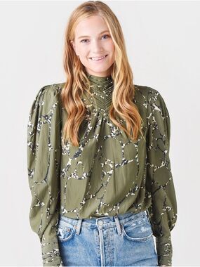 BA&SH Mocean Patterned Kaki Green Marble Medi Skirt & Blouse Set Sz 1/ 4 US